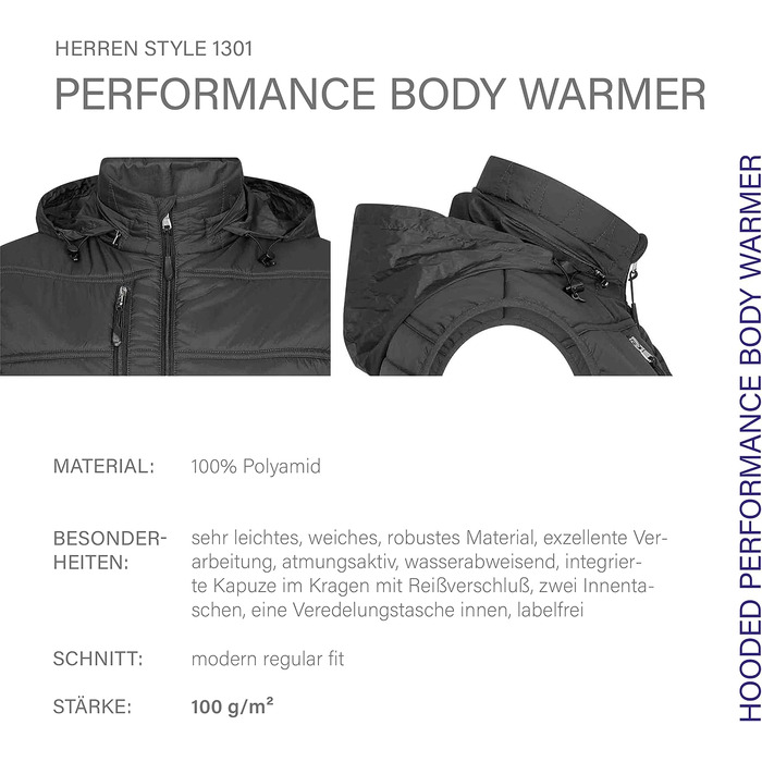 Чоловічий утеплений жилет HRM 1301 з капюшоном Performance Body Warmer, нейлон, Darkgrey, 5XL