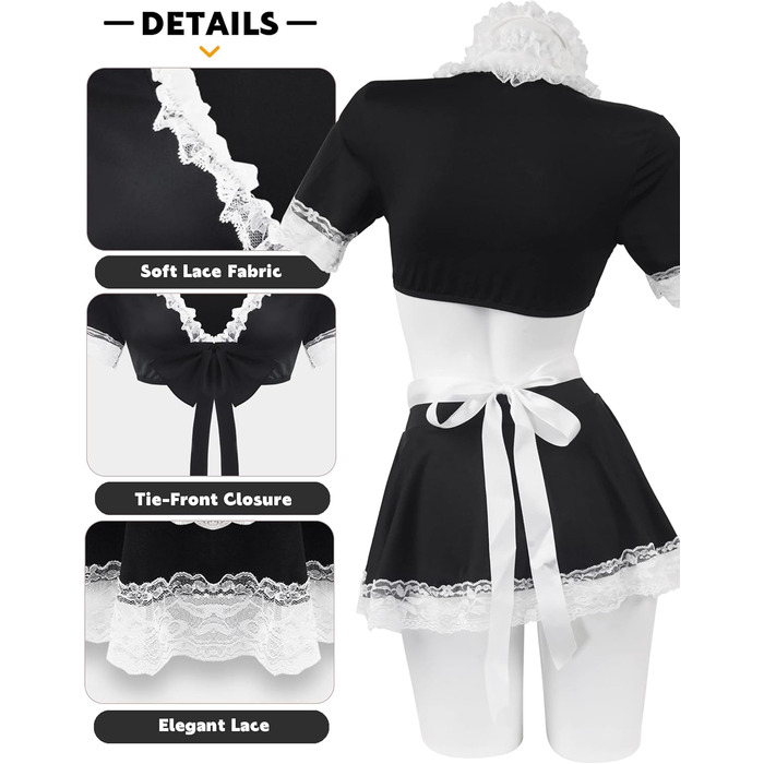 Костюм горничної для жінок: сукня з мереживним фартухом, косплей, чорний, розмір XXL-3XL