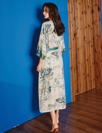 Жіночий халат з довгим рукавом з шовку, сатин, кімоно, квітковий принт, універсальний розмір