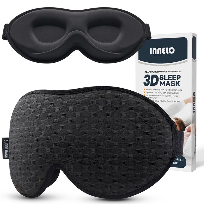 Маска для сну INNELO 3D з ефектом повного блокування світла, дихаюча маска з ефектом пам'яті (Memory Foam) для дорослих, чоловіків та жінок, чорна