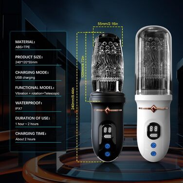 Електричний масажер для чоловіків, пеніс-насос з 5 режимами телескопічної дії, 5 режимами обертання та 10 режимами вібрації, чорний