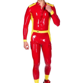 Комбінезон чоловічий з латексного гуму (100%), червоний/жовтий, з швами, для Хелловіну, клубів, ролевих ігор, вечірок, розмір XL