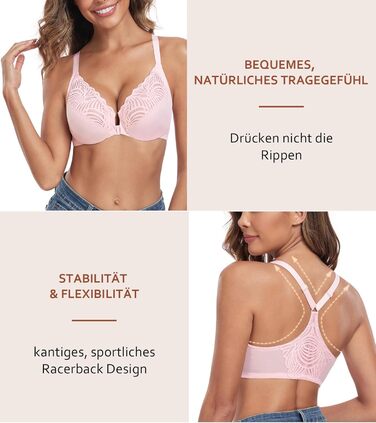 Бюстгальтер жіночий з кісточками, застібка спереду, великі розміри, без підкладки, м'яка чашка, спортивний дизайн, квітковий принт, мереживо, повна чашка, для великої груди, надійна підтримка, класичний BHS (90C, Рожевий)