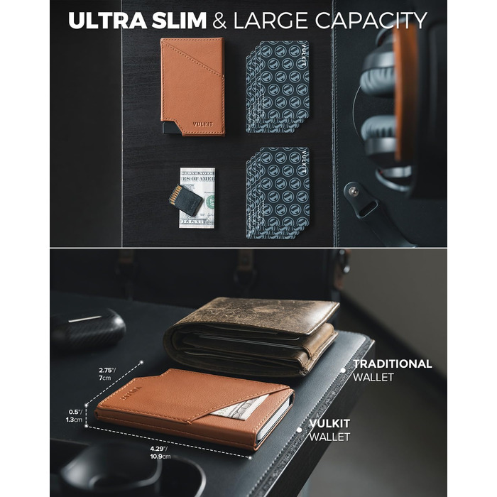 Гаманець-картхолдер VULKIT Pop-up з RFID-захистом, металевий алюмінієвий чохол для карток з відділенням для купюр та монет, натуральна шкіра (Коричневий)