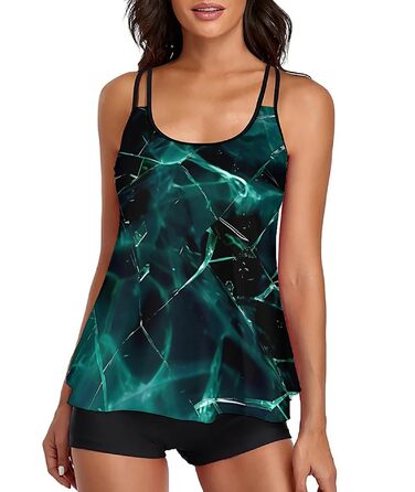 Tankini жіночий купальник з шортами, комплект двочастинний, літній, великий розмір (XL, чорно-зелений)