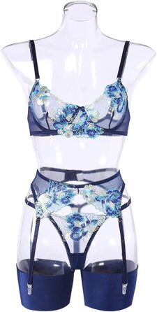 Сексуальна спідня білизна Dessous для жінок: комплект з бюстгальтером, трусиками та стрінгами з мереживом, 4 шт. (темно-синій)