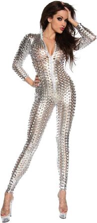 Сексуальний сріблястий металевий боді для жінок MIMIKRY з перфорацією. Костюм, комбінезон, для дискотеки 70-х, 80-х