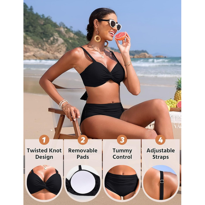 БІКІНІ жіночий комплект з високою талією, шорти з животом, пуш-ап, двочастинний купальник, сексуальний V-подібний виріз, модна пляжна мода, чорний