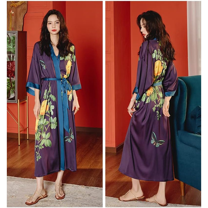 Халат жіночий атласний максі довгий, шовковий кімоно, халат для ванної кімнати, літня роба, піжама, вечірній халат, квітковий принт, темно-фіолетовий (один розмір)