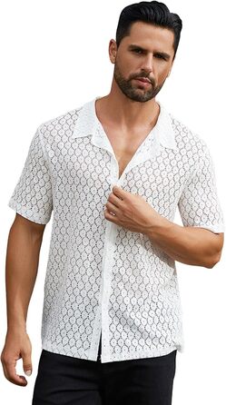 Чоловіча мереживна сорочка з короткими рукавами ABEHIK для рейв-вечірок та клубів (біла, S)