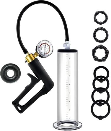 Вакуумний насос для збільшення пеніса з манометром та 7 кільцями. Мануальна помпа для чоловіків, 5.7 см