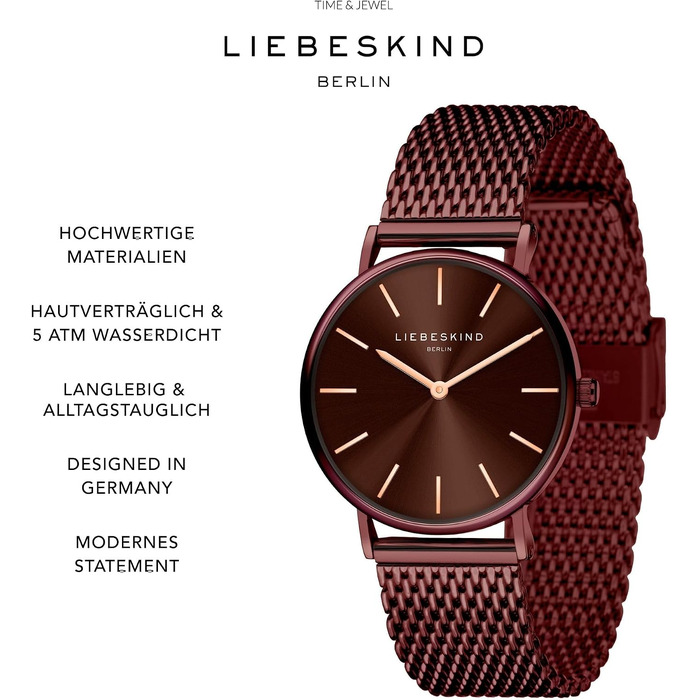 Жіночий годинник Liebeskind Berlin — круглий кварцовий, 34 мм, міланічний браслет, водонепроникність 5ATM, коричневий