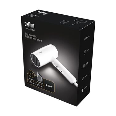 Фен для волосся Braun HD4.2 з дифузором та вузьким соплом, технологія Super IONTEC, 2100 Вт, 3 режими температури та швидкості, чорно-сірий (BRHD210E)