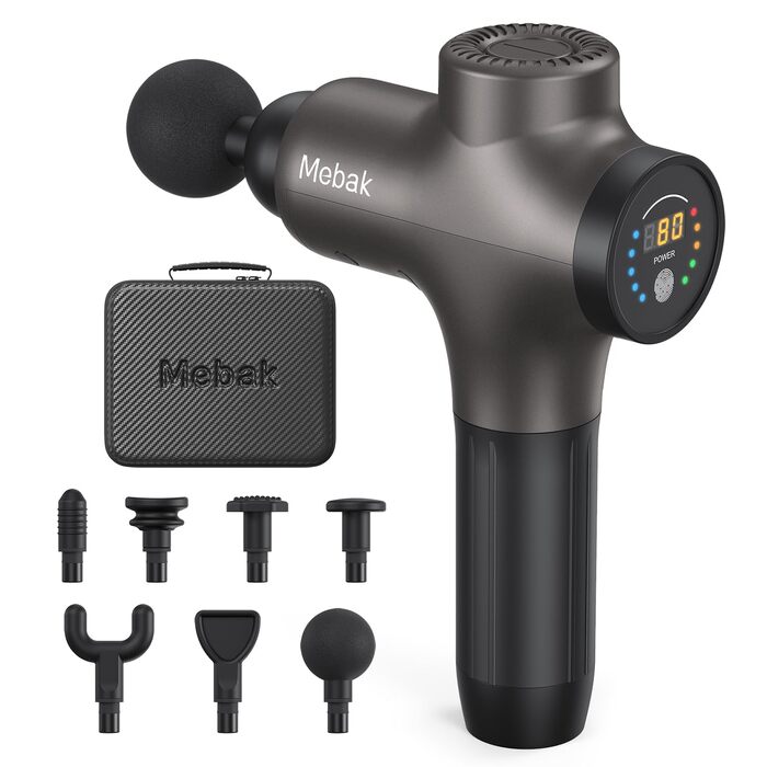 Перкусійний масажер Mebak 3 Massage Gun: електричний ручний масажер для м'язів та фасцій, 3200 об/хв, амплітуда 12 мм, 7 насадок, 5 рівнів інтенсивності, акумулятор 2600mAh (Сірий)
