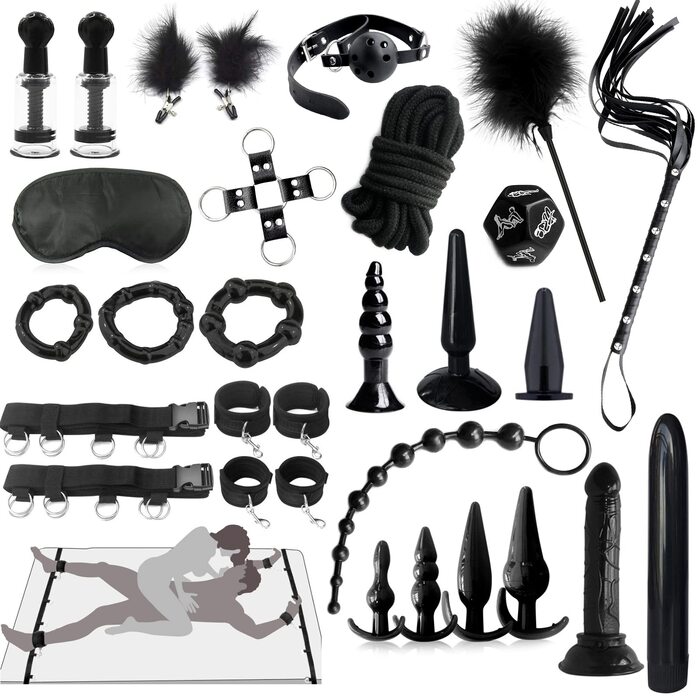 Набір для БДСМ з 26 предметів: наручники, анальні пробки, кільця для пеніса, чікер, затискачі для сосків, маска для очей, плеть, заглушки. Ідеальний набір для БДСМ-ігор