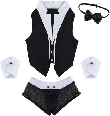 Костюм бармена Freebily 4шт: меш, боксери, краватка, жилет. Чорний. Еротичний костюм для рольових ігор, клубної моди. Розмір універсальний