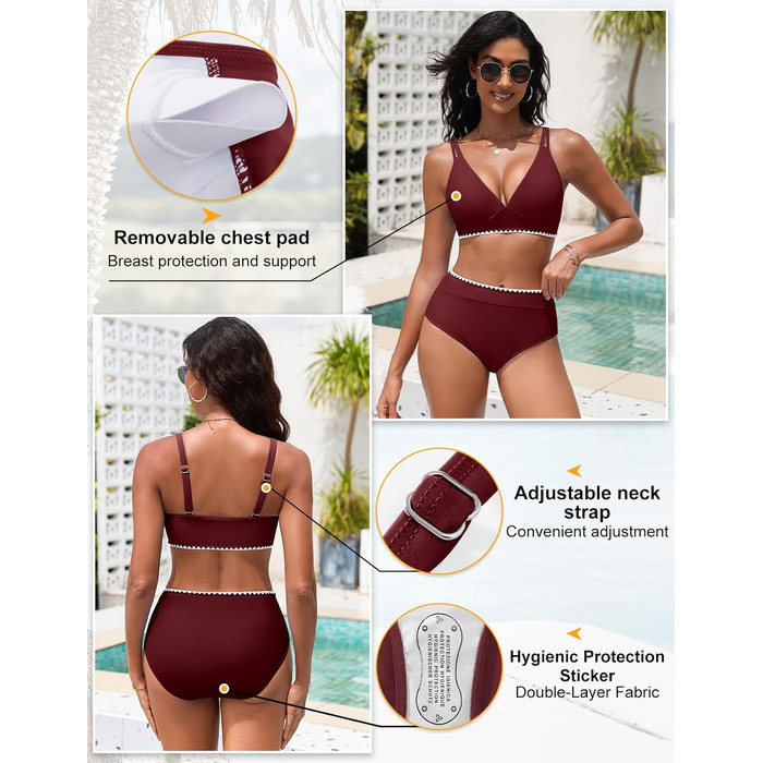 БІКІНІ ЖІНОЧИЙ ДВІ-ШТУЧКИ ПУШ-АП, ВИСОКА ТАЛІЯ, З БІЛИМ КРУЖИВОМ (БОРДОВИЙ, XL)