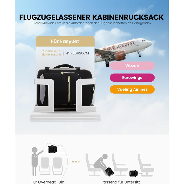 Дорожній рюкзак LOVEVOOK для ручної поклажі (40x30x20 см) для Ryanair, Wizz Air, Eurowings, сумка для ноутбука 13.3