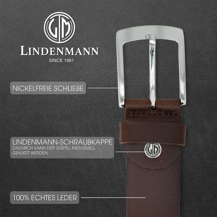 Шкіряний ремінь чоловічий LINDENMANN з буйволячої шкіри, коричневий, ширина 40 мм, довжина 120 см (розмір XL, обхват талії 105 см), регульований