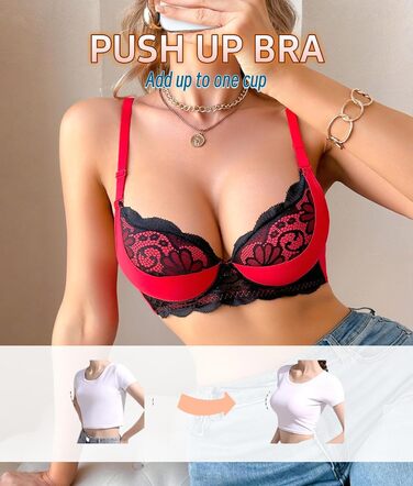 Трусики бюстгальтер для жінок з пуш-ап, квітковий мереживний дизайн, глибокий V-подібний виріз, додавання чашечки, повсякденний одяг, 85B, червоний