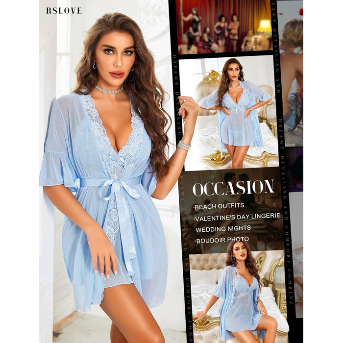 Халат жіночий мереживний RSLOVE, світло-блакитний, розмір L, для дому та відпочинку