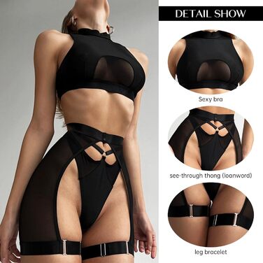 YOMORIO Комплект сексуальної білизни для жінок: боді, нічна сорочка, стрінги, чорний