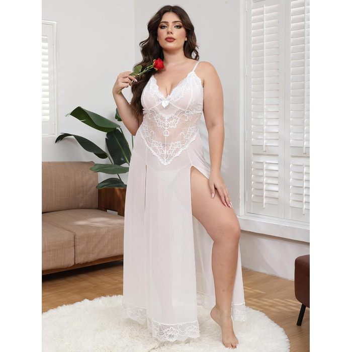 IBAKOM Ніжне мереживне нігліжє з V-подібним вирізом для жінок великих розмірів. Комплект спідньої білизни з G-стрінгом, піжама, сексуальна нічна сорочка, великий розмір (4XL, білий)