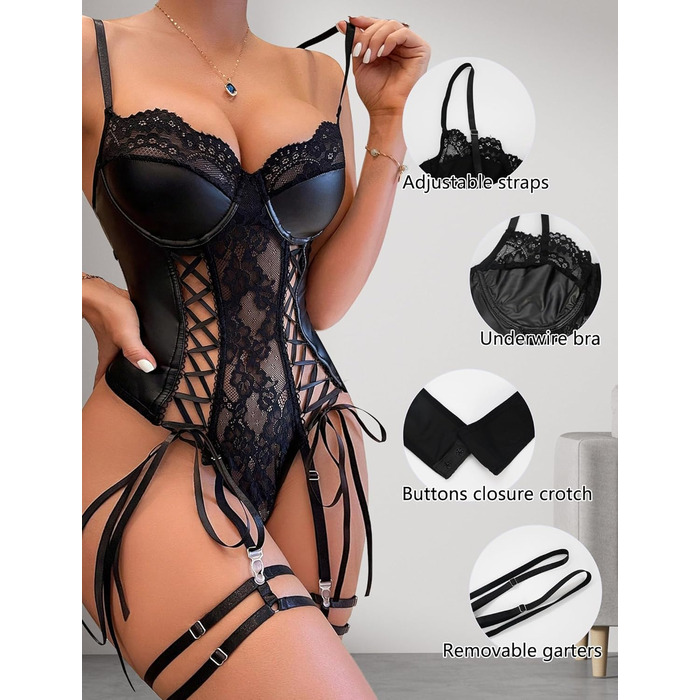 Сексуальний комплект спідньої білизни з екошкіри для жінок: еротичний нігліж та боді, чорний, S-XL
