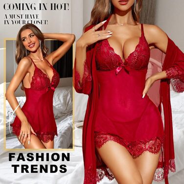 LILIIN Комплект жіночої нічної сукні та халата з мережива, сексуальний бабідол – чорний, червоний