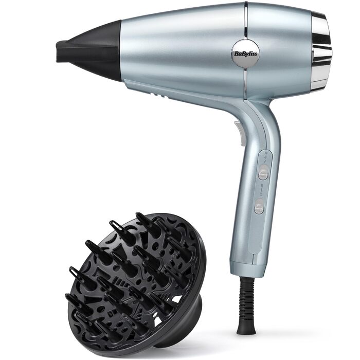 Професійний іонний фен BaByliss Hydro-Fusion 2100W з дифузором та концентратором, плазма-технологія для блиску та гладкості волосся, 3 режими температури, 2 швидкості, синій, D773DE