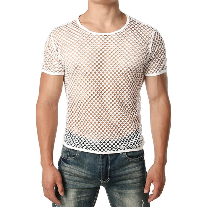 Чоловіча прозора футболка-майка з довгим рукавом для клубу та вечірки, біла (XXL)