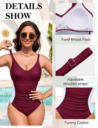 Світшот для жінок Badeanzug: фігуроформуючий купальник з V-подібним вирізом, посилені бретельки, бокові шнурівки (пурпурно-червоний, L)