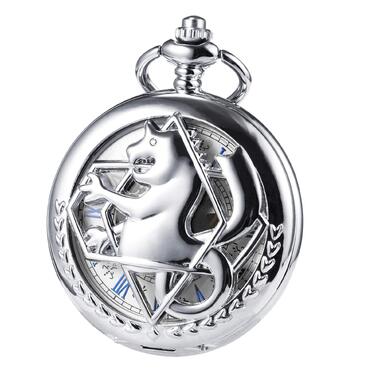Механічний кишеньковий годинник TREEWETO Fullmetal Alchemist у стилі стімпанк, сріблястий, зі скелетоном та подвійним кришкою та ланцюжком