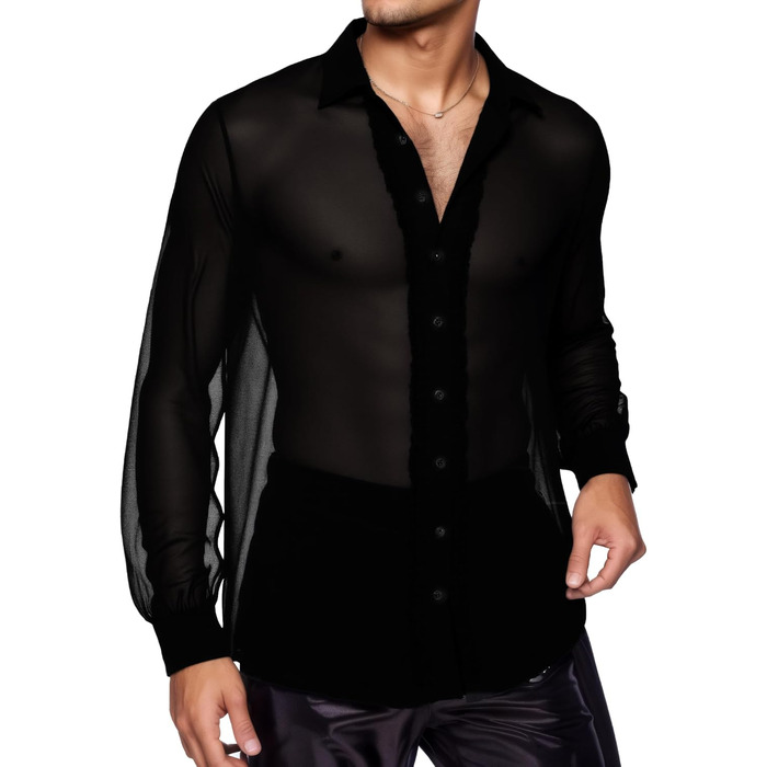 Чоловіча прозора сорочка AIEOE, тонке сексуальне т-образне поло з довгим рукавом, для дискотеки та клубів, чорний, розмір S-3XL