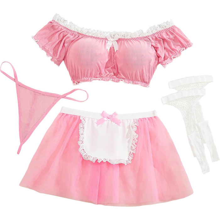 Сексуальна білизна Aranmei для жінок, мереживна, прозора, комплект для косплею, 4-х частинний (з панчохами), рожевий, XL