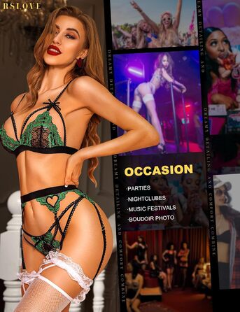 RSLOVE Комплект спідньої білизни для жінок: мереживний тіффані, боді, стринги (3 шт.) - чорний, L