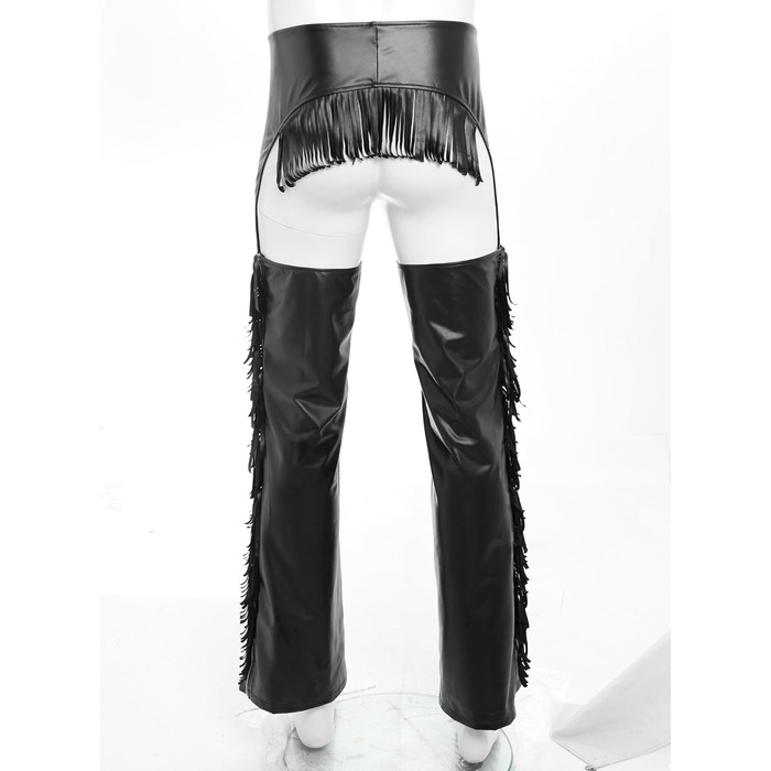 Чоловічі шкіряні лосини з ефектом мокрого блиску, відкриті штани, косплей каубой, чaps, лосини з бахромою, еротичні, чорні, 3XL