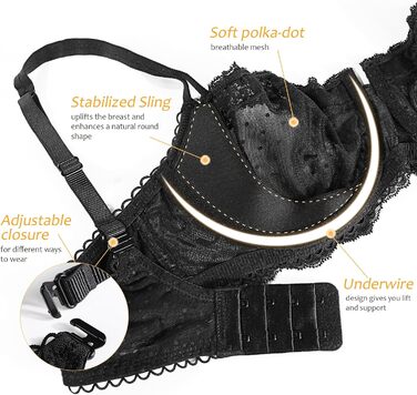Чорний балконетний бюстгальтер DotVol з пуш-ап, великі розміри, без підкладки, 85B