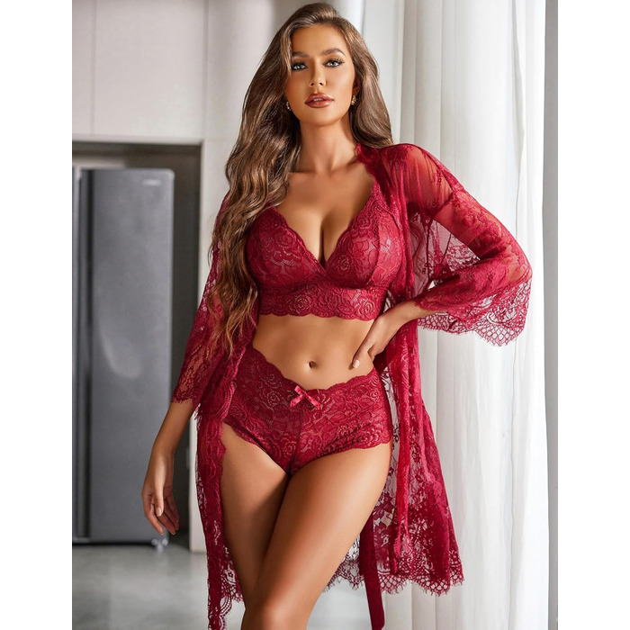 Avidlove Сексуальна жіноча білизна комплект мереживо 3-частинний негаліж, мереживний нічний халат, мереживна білизна комплект з бюстгальтером та трусиками, витончений, бордовий