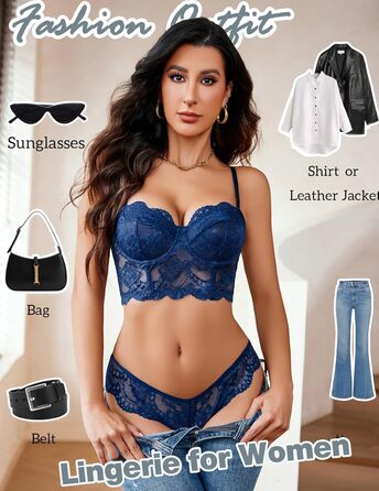 Avidlove Комплект спідньої білизни для жінок: бюстгальтер з кісточками, мереживна пікантна білизна, babydoll, нічна сукня, чорний (M, блакитний)