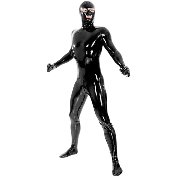 Комбінезон-костюм з латексу для чоловіків GAYLOP з капюшоном, рукавичками та шкарпетками. Чорний латексний боді з капюшоном, повний костюм.