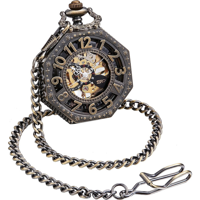 Чоловічий кишеньковий годинник ShoppeWatch з ланцюжком, механічний з ручним заводом, вінтажний стиль стімпанк (бронза), аксесуар для костюма 1920-х років