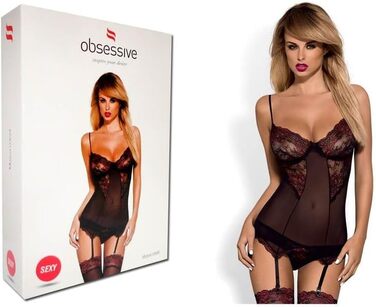 Елегантний комплект спідньої білизни Obsessive: корсет-боді з мереживом, стрінги та стріжки (XXL, чорно-бордовий)