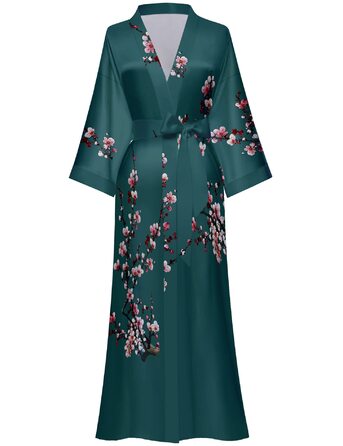 Жіночий халат з довгим рукавом з шовку та атласу з квітковим принтом (сливові квіти, темно-зелений)