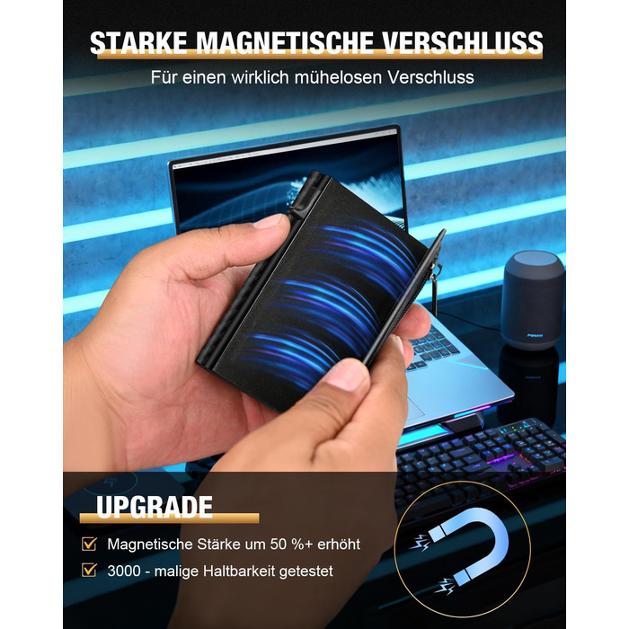 Чоловічий шкіряний картхолдер dwnkove Slim Wallet: смарт-гаманець з Pop-Up механізмом, RFID захистом, відділенням для монет та вікном для ID, Carbon Design