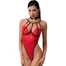 Еротична жіноча білизна: стрінг-боді червоного кольору з тюлю та мережива, прозорий, з кісточками, S-M