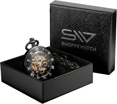 Механічний кишеньковий годинник ShoppeWatch для чоловіків з ланцюжком, ручний завод, прозорий циферблат у стилі стімпанк (чорний)