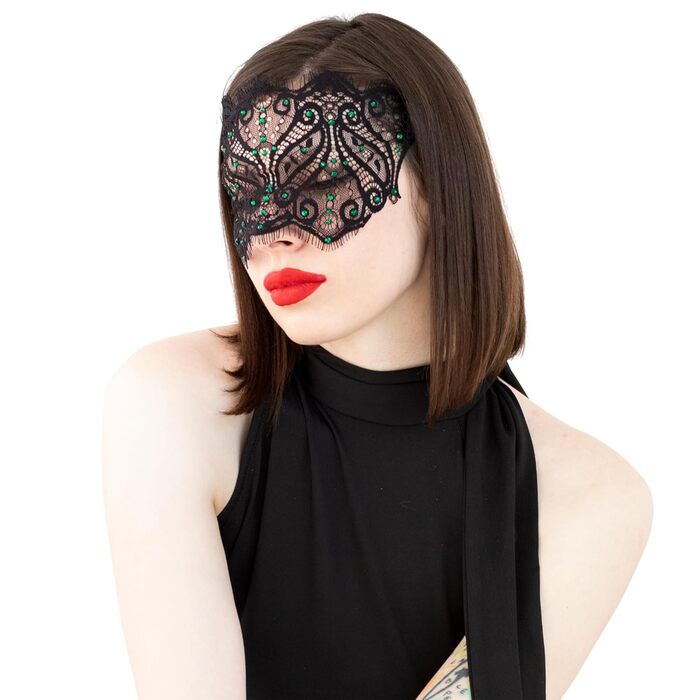 Чорна мереживна маска для жінок з кристалами - елегантна венеціанська маска для карнавалу, вечірки в готичному стилі, косплею, свята - ручної роботи (чорний колір, зелені стрази)