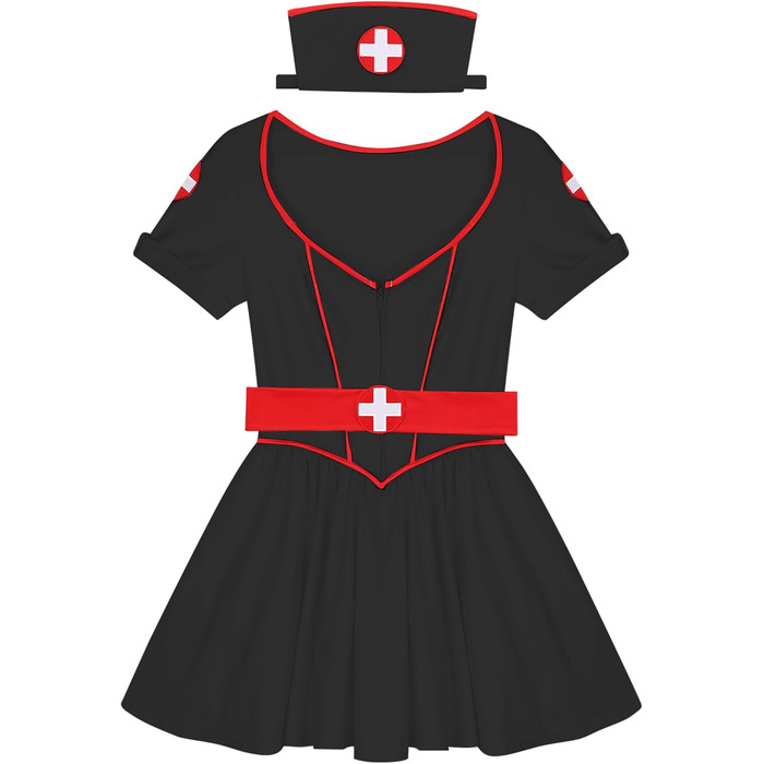 Костюм медсестри Eandarui: комплект форми лікаря/медсестри з короткими рукавами, сукня з V-подібним вирізом та спідницею А-силуету, з поясом та пов'язкою, чорний
