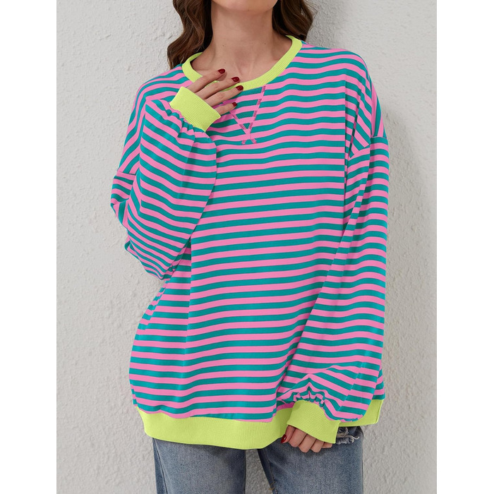 Жіночий світшот Chicrise Oversized у смужку, в'язаний лонгслів з круглим вирізом, рожево-зелений, розмір M